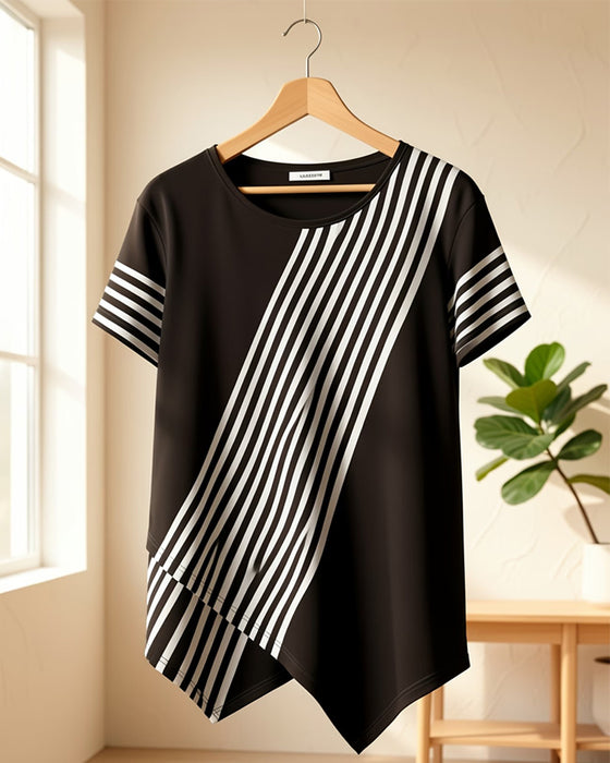 T-Shirt Diagonal Stribe Patchwork Rundhalset