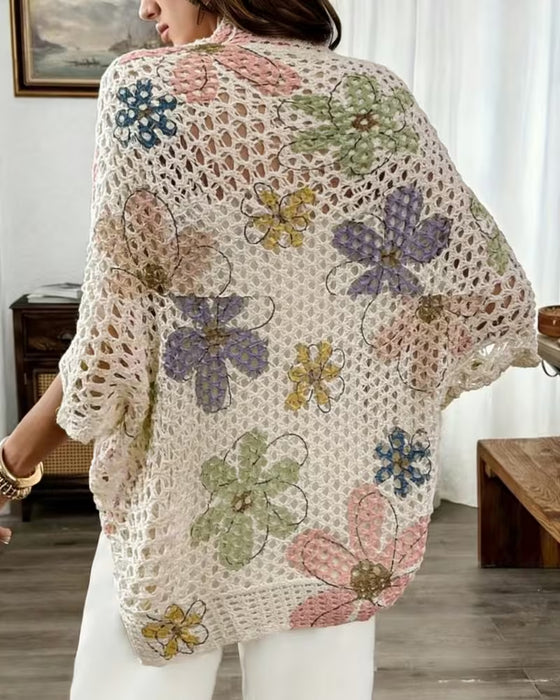 Cardigan Udskæring Blomstertryk Strikket