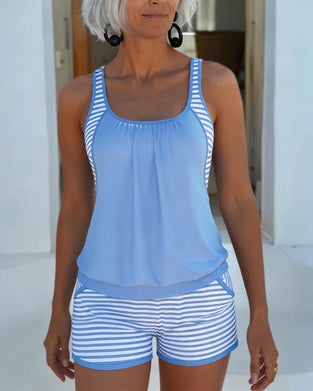 Tankini Blå Og Hvid Stribe Patchwork
