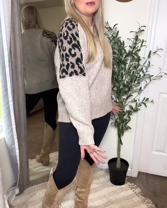 Pullover afslappet rund hals med leopardprint og patchwork