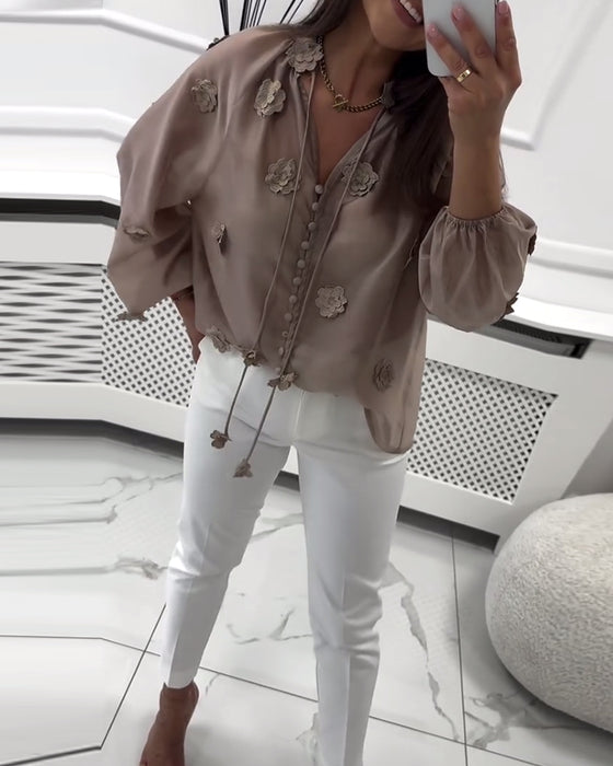 Bluse Ensfarvet 3D-Blomster Snøre