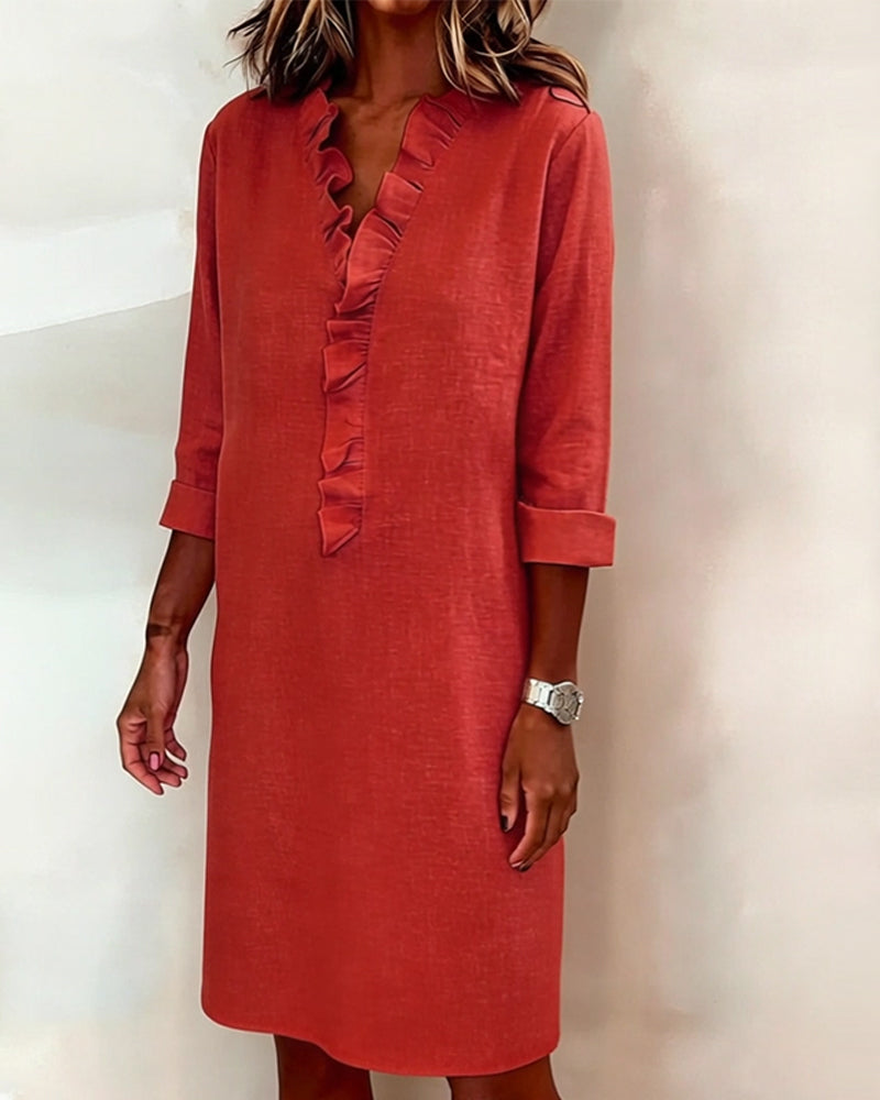 Kjole Rynket V-Hals Ensfarvet