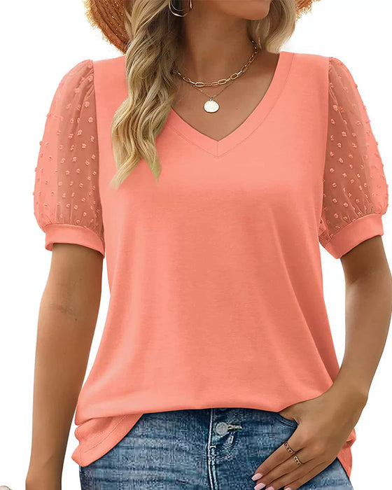 Bluse Ensfarvet Mesh Puffærme