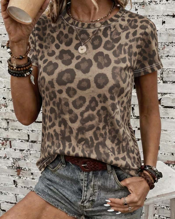 T-shirt Rundhals Leopardmønster Slim-Fit Kort Ærme