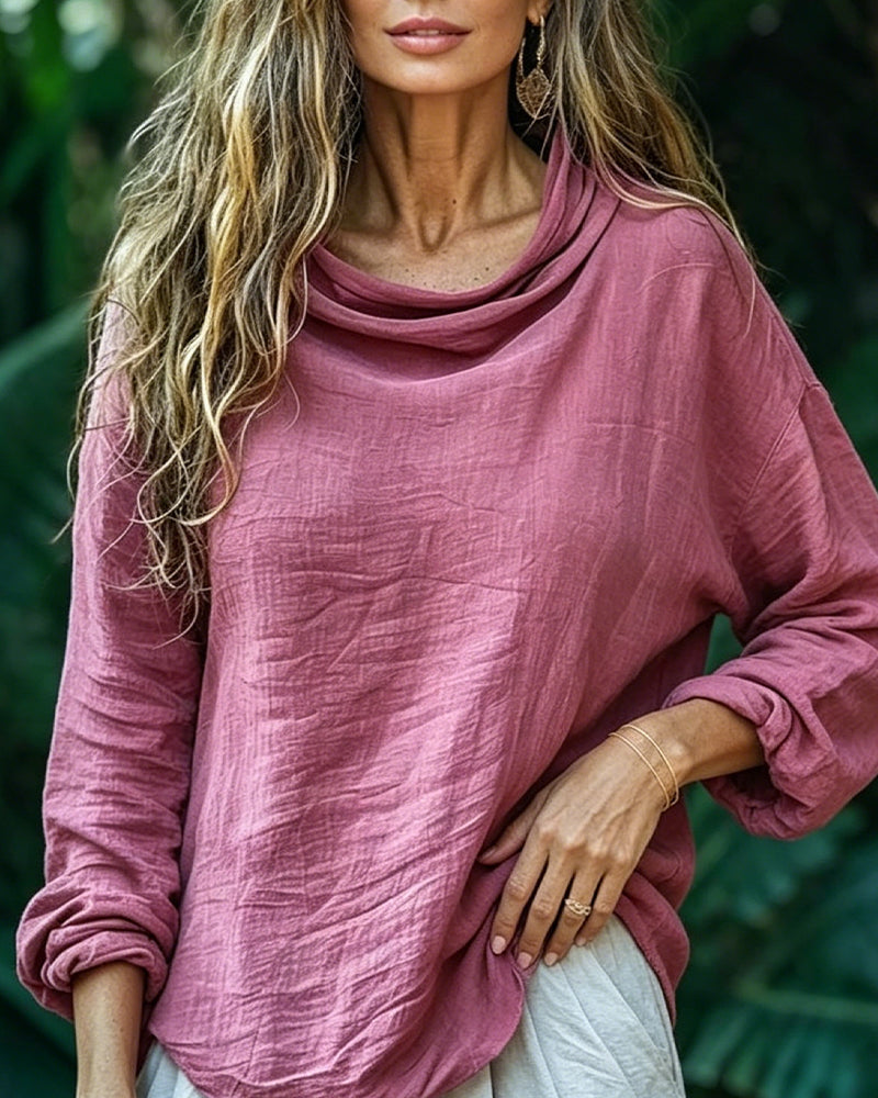 Bluse Draperet Hals Casual Ensfarvet Lang Ærme