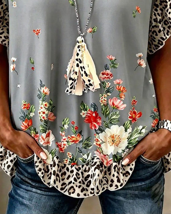 T-Shirt Leopard Patchwork Blomstret Tryk