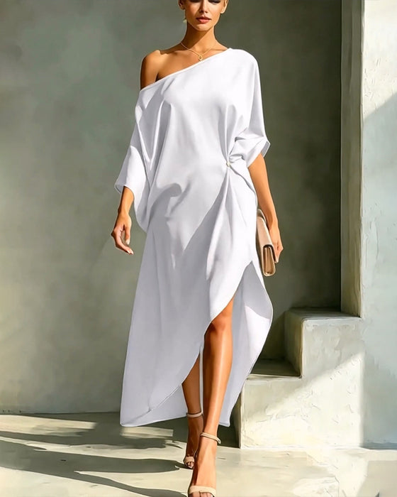 Kjole Off-Shoulder Rynket Uregelmæssig Ensfarvet