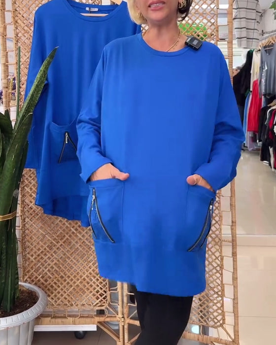 Ensfarvet lynlåslomme til sweatshirt med rund hals