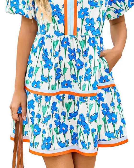 Kjole V-Hals Blomstrende Boble Ærme Patchwork