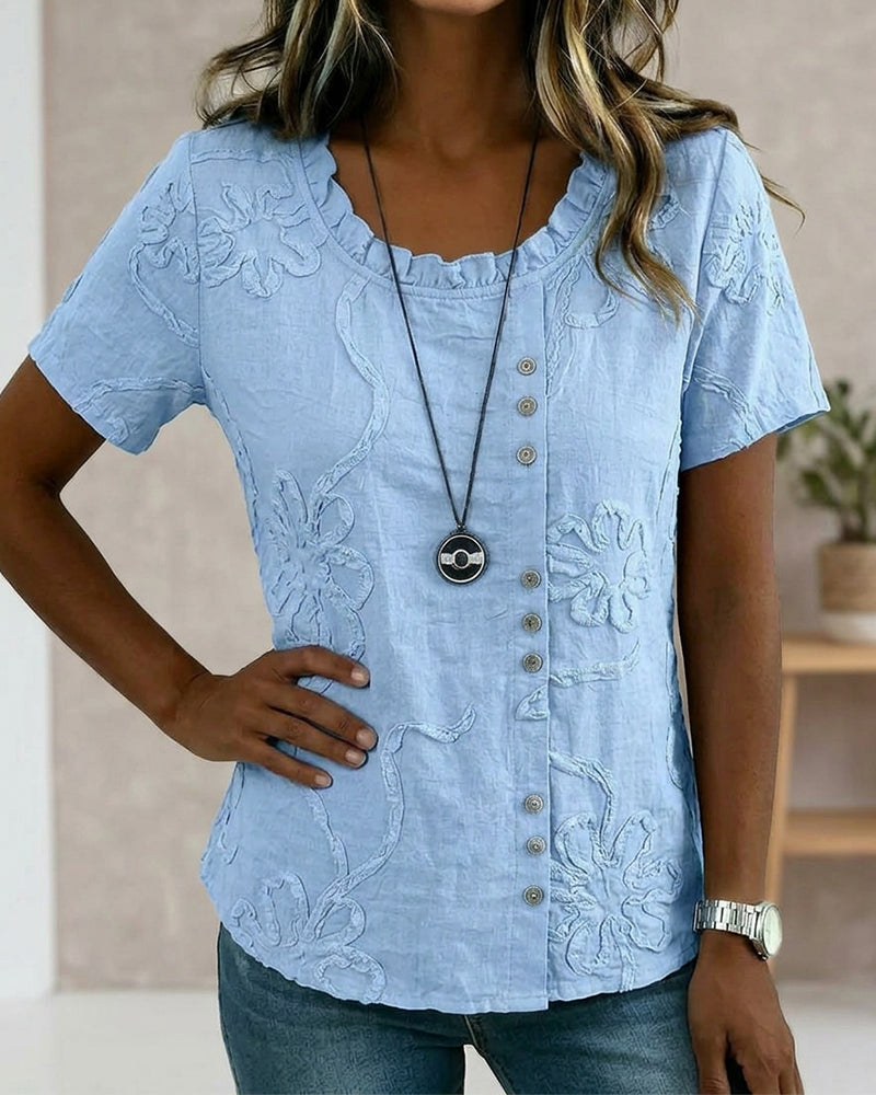 Bluse Tekstureret Blomstret Sideknap