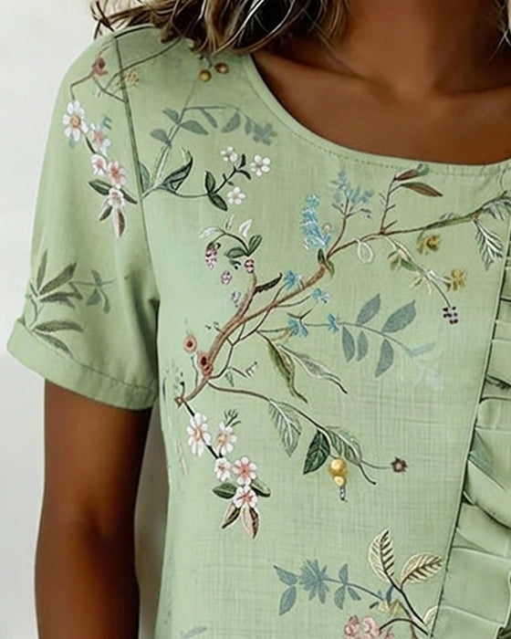 Bluse Rundhals Korte Ærmer Rynke Blomstret