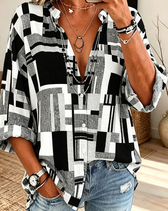 Bluse Geometrisk Tryk V-Hals Afslappet