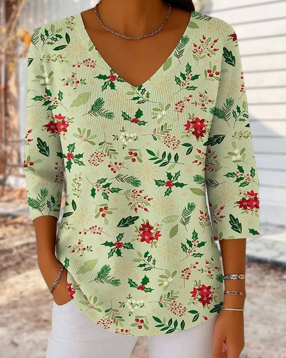 Damens strikkede top med julprint, V-hals, 3/4 ærmer, casual stil og løs passform