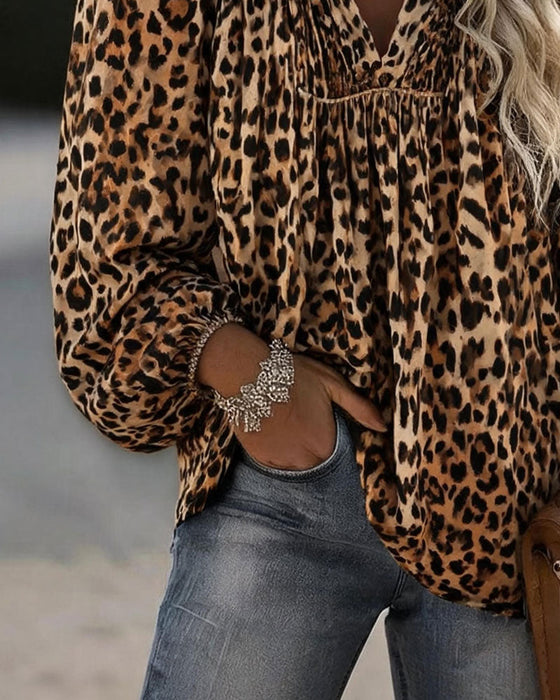 Bluse V-Hals Leopard Tryk Rynket Puffærme