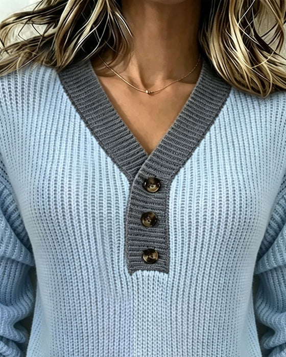 Pullover V-Hals Farveblok Knap