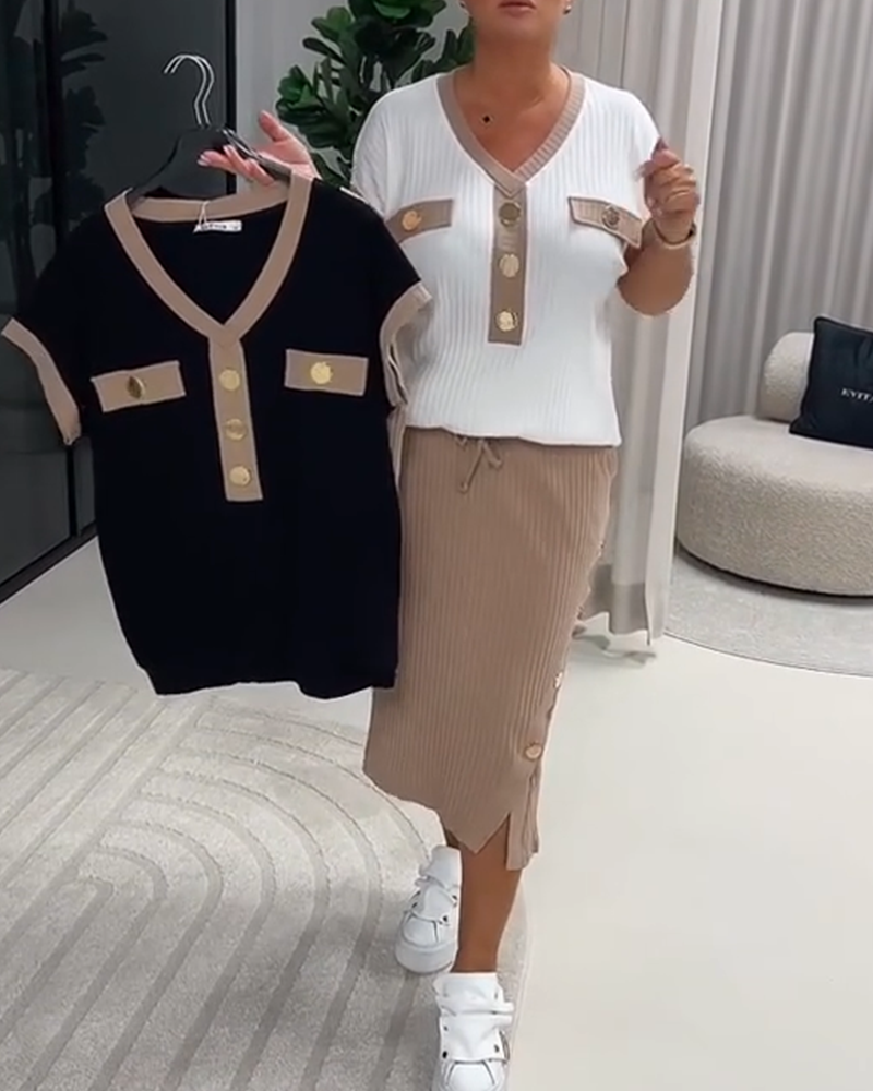 T-Shirt V-Hals Moden Ribbet Knap