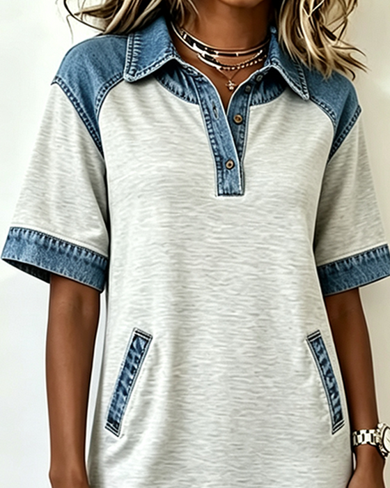 Kjole Skjortekrave Denim Patchwork Lomme