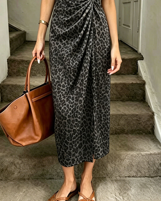 Kjole Rund Hals Twist Foran Leopard Kort Ærme Lang