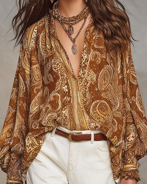 Bluse V-Hals Tryk Casual