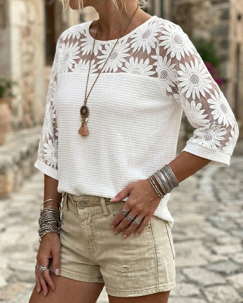 T-Shirt Rund Hals Knipling Vaffel Patchwork