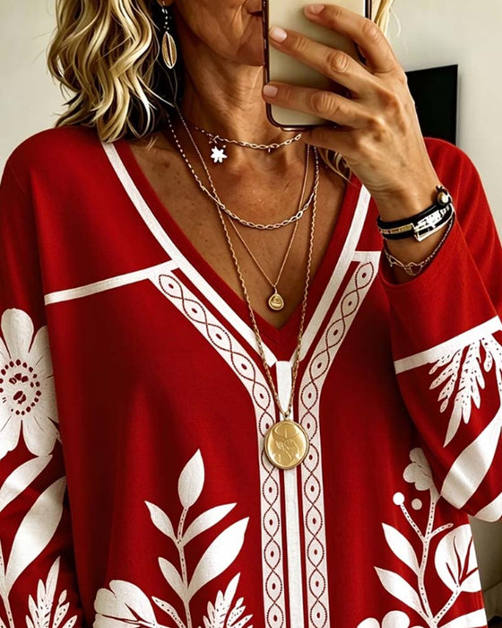 Top V-Hals Blomstret Tryk