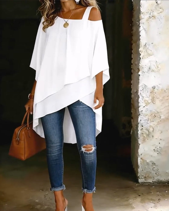 Bluse Asymmetrisk Cold Shoulder Ensfarvet Afslappet