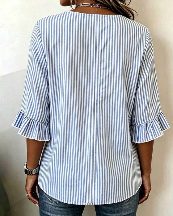 Bluse Mini V-Hals Ruffle Stribe Knap