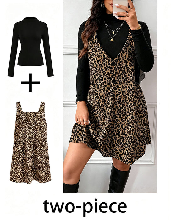 Sæt Turtleneck Slim Fit Leopardmønster Hængeskørt