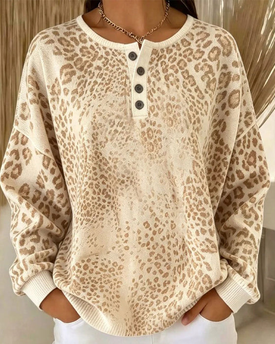 Sweatshirt Leopardsmønster Rund Hals Loose Fit