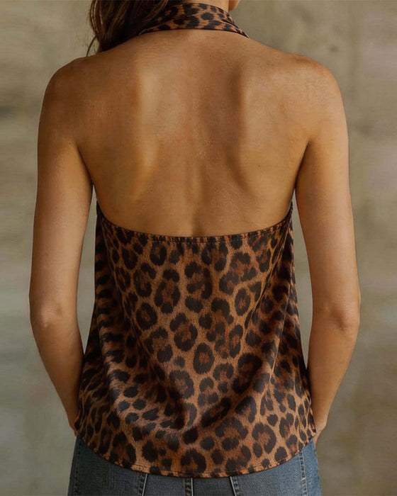 Bluse V-Hals Halter Leopard Ærmeløs