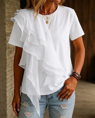 T-Shirt Rund Hals Ruffle Uregelmæssig