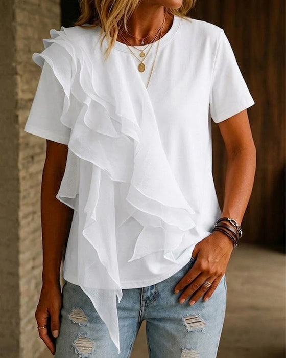 T-Shirt Rund Hals Ruffle Uregelmæssig