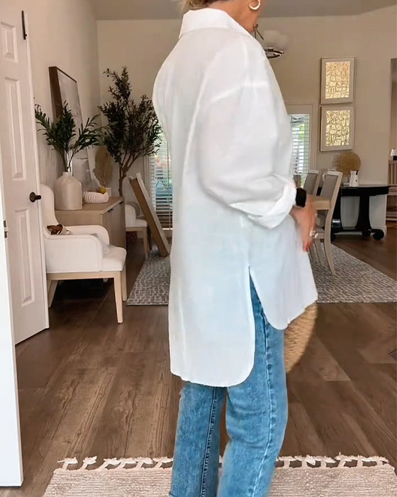 Bluse V-Hals Knap Solid Farve Løs