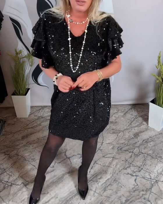 Kjole V-Hals Rufle Ærme Fløjl Glimmer