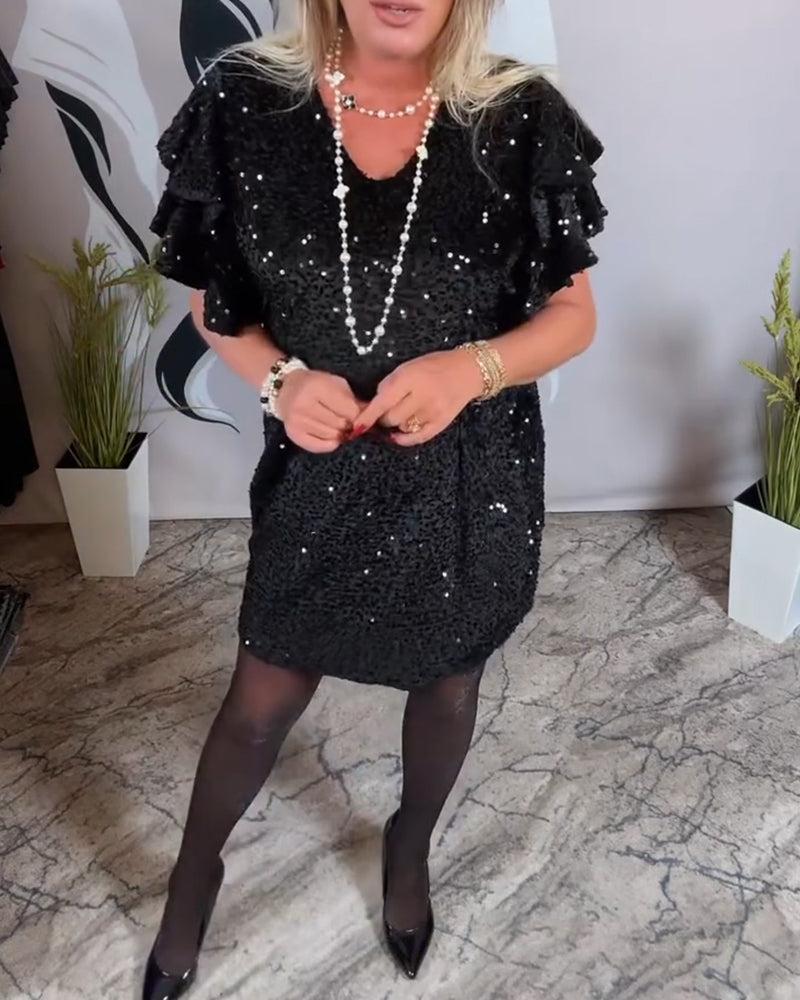 Kjole V-Hals Rufle Ærme Fløjl Glimmer