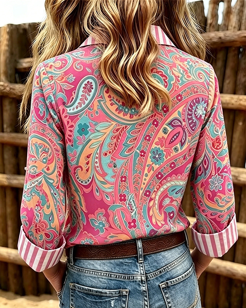 Bluse Patchwork Blomstrende Tryk Casual