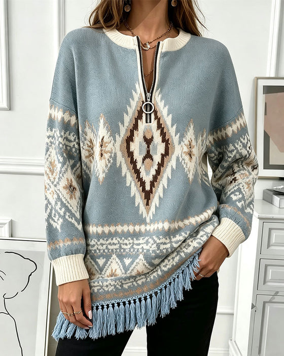 Pullover Geometrisk Jacquard Halv-Zip Frynset Kant