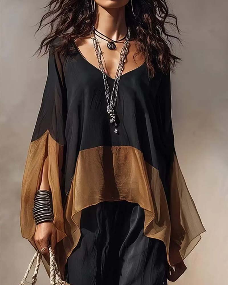 Blouse Contrast Paneel Gedrapeerd V-Hals