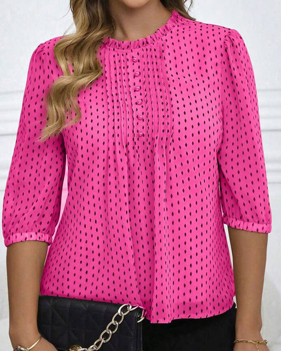 Bluse Ruffle Trim Løs Polka Dot