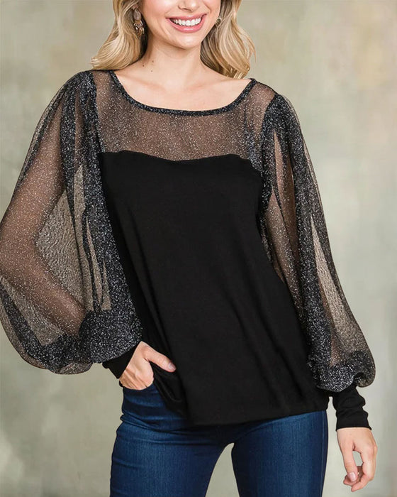 Bluse Sheer Pufærme Panel Afslappet