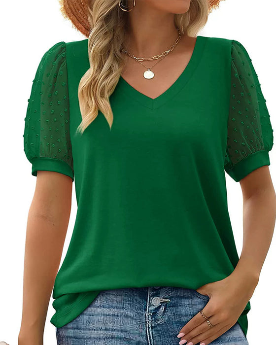 Bluse Ensfarvet Mesh Puffærme