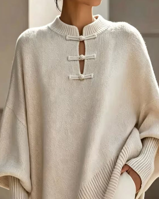 Pullover Mandarin Knude Knap Loose Fit Cape