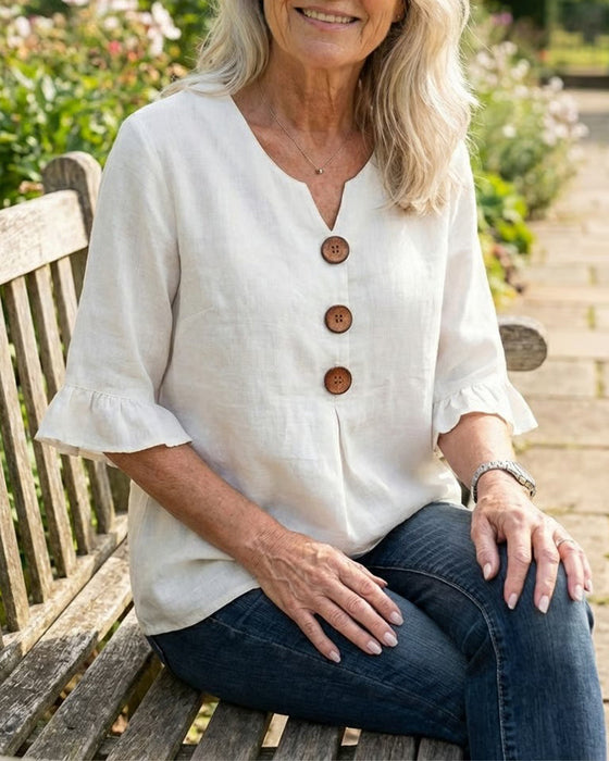 Bluser Ensfarvet Bomuld-Hør Træknapper Rynker