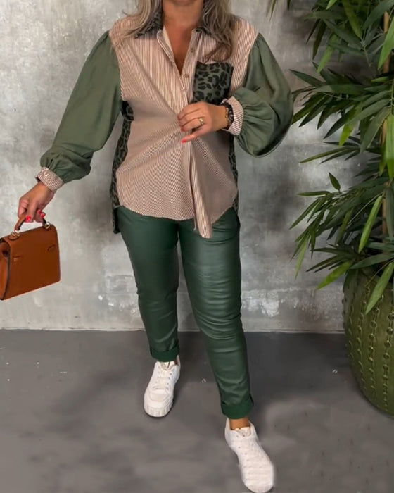 Skjorte med lanterneærmer og leopardprintet brystlomme