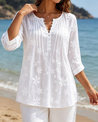 Bluse Knap Foran Rynket Blomstret Solid