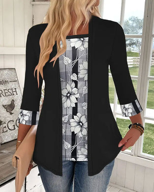 Printet Top Med Lange Ærmer Falsk Todelt Design