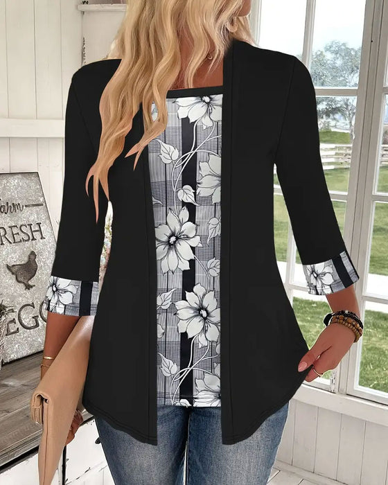 Printet Top Med Lange Ærmer Falsk Todelt Design