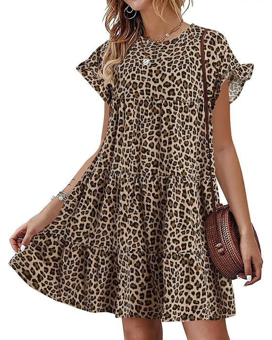 Kjole Ruffle Ærme Leopard Lagdelt