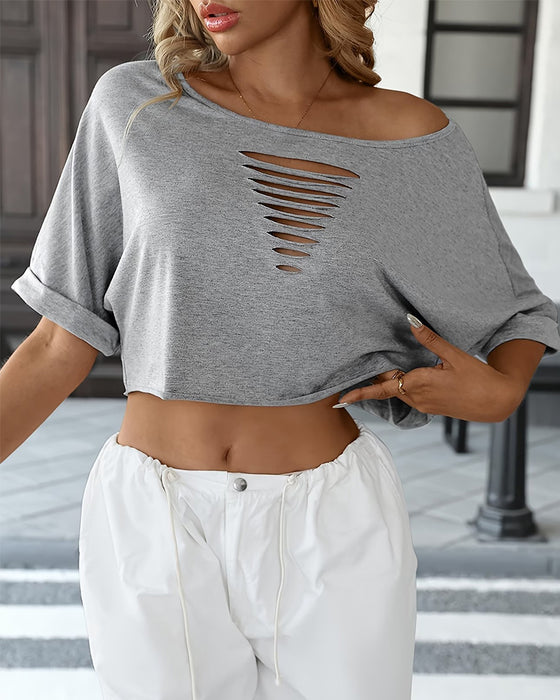 T-Shirts Off-Shoulder Asymmetrisk Revnet Rullet Kant