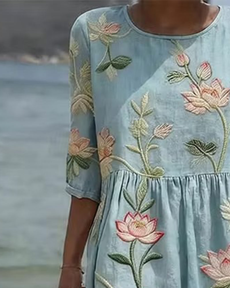 Blomstret Kjole Rundhals